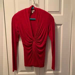 SOLD - CAbi Red V- neck Glamour Knot Top - XS